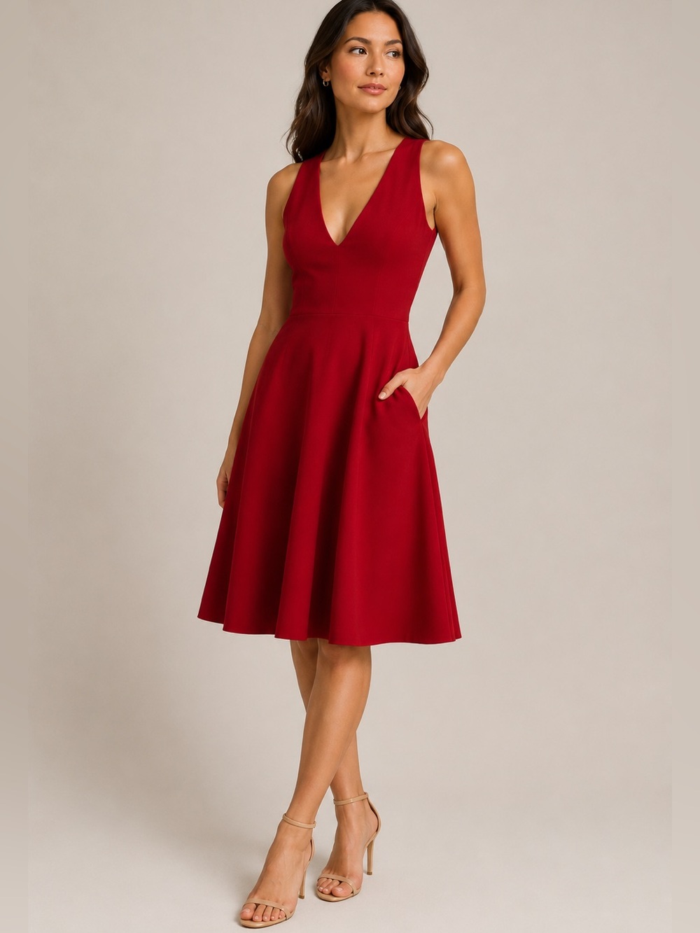 DRESS THE POPULATION Catalina Fit & Flare Cocktail Dress – Red Rouge - Picture 1 of 10